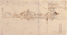 Design for the Crowning Decorations of a Gate (recto); Sketches of Stone Blocks with Measurements (verso), Attributed to Giovanni Battista Foggini (Italian, Florence 1652–1725 Florence), Pen and light brown ink, brush and gray wash, over graphite (recto); pen and brown ink (verso)